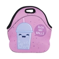 Detail view of the durable black stitched edging and neoprene texture on lunch bag - Emoji Bubble Tea (WCB721)