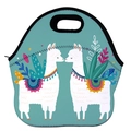 Close-up of neoprene lunch bag featuring cartoon llama print and durable black handles - Lake Blue Bohemian Alpaca (WCB729)