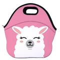 Pink neoprene lunch bag featuring a cute white alpaca print and durable black handles - Pink Cute Alpaca (WCB728)