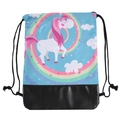 Blue unicorn and rainbow drawstring backpack with black leather base for girls - Unicorn Printed Style (pskd7006)