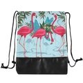 Drawstring backpack with light blue flamingo print and black PU leather bottom base - Flamingo Print Style (pskd7012)