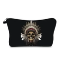 Portable makeup bag with black canvas and colorful Indian style skull print and zipper - Indian Skull Print Style (hzb1163)