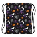 Sac à dos à cordon Halloween avec imprimés de fantômes, citrouilles et châteaux sur tissu noir - Style d'Impression d'Halloween (skd29085)