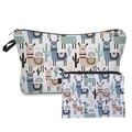 Detail of travel makeup bag set featuring cartoon alpaca prints and metal keychain ring - Llama Cactus (HLZH204) / Two-Piece Set