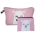 Close-up of pink makeup bag set featuring cute white llama print and black zipper detail - Pink Llama Head (HLZH205) / Two-Piece Set