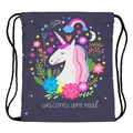 Dunkelvioletter Kordelzugbeutel mit farbenfrohem Einhorn- und Blumendruck-Design - Einhorn Muster Stil (skd29035)