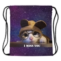 Drawstring backpack with cute cat galaxy print and I MISS YOU text in purple tones - Purple Cat Print (skd29015)