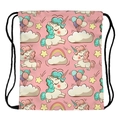 Pink drawstring backpack featuring digital unicorn and rainbow patterns for outdoor travel - Unicorn Pattern (skd29036)