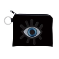 Detailed view of the Evil Eye embroidery on a black canvas coin purse with silver keychain - Ethnic Blue White Eye (lqb3180)