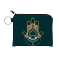 Detail of dark green Evil Eye coin purse showing the Fatima hand print and key ring attachment - Dark Green Religious Totem (lqb3181)