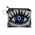 Close-up of canvas Evil Eye coin purse showing durable texture and metal keyring - Coarse Grain Three Color Eye (lqb3183)