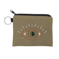 Detail of olive green evil eye coin purse with zipper and metal keychain clip - Olive Moon Eye (lqb3185)