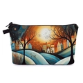 Artistic travel makeup bag with colorful winter village print and secure top zipper closure - Winter Village Landscape Print (hzb1362)