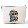 Linen canvas cosmetic bag with cute owl in blue hooded cloak illustration and zipper - Owl Pattern (ymhzb3349)
