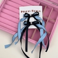 Barrettes à cheveux nœuds bleu et noir avec perles argentées et longs rubans - Pince à Cheveux à Ruban