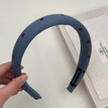 Chic padded sponge headband in dusty blue with red polka dots and handmade label - Wide Style / Blue