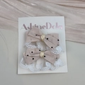 Close-up of pink polka dot lace bow hair clips on soft pink velvet background - Light Khaki Bow Clip Set