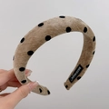 Detail of khaki flocking polka dot headband with handmade label and soft sponge padding - Khaki