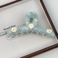 Pince à cheveux fleurie en tricot fait main avec fil mélangé bleu et vert - Grande Pince à Cheveux