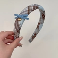French style sea salt blue plaid headband with denim bow and love engraved metal plate - Light Blue Bow Headband
