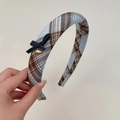 French style sea salt blue plaid headband with a denim bow and gold love metal plate - Deep Blue Bow Headband