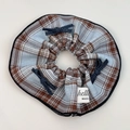 Detail of blue plaid fabric hair scrunchie with bows and high-quality stitching - Deep Blue Bow Scrunchie