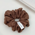Handmade brown pleated scrunchie in soft textured fabric with a small logo label - Coffee Elastic Textured Scrunchie / Brown Hair Ring