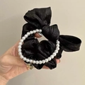 French vintage black satin scrunchie with white pearl chain and gold heart pendant - Black