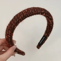 Thick handmade woven headband in brown and orange knit with fuzzy wool texture - Dark Brown
