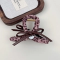 Pink leopard print hair claw clip with brown leather bow and golden metal spring - Hair Claw / Leopard Pink Purple Bow Claw Clip