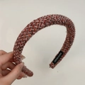 Handmade woven tweed headband with warm multicolor yarn and subtle glitter finish - Pink