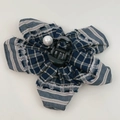 Close-up of retro floral hair claw with blue plaid fabric and center pearl detail - Navy Blue Striped Claw Clip