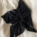 Glossy black pleated oversized scrunchie hair tie with elegant satin leather texture - Black