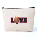 Linen texture makeup bag featuring LOVE football print with top zipper closure - Rugby Football Print (ymhzb3370) / Beige