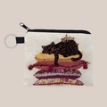 Detail of cute cat embroidery and rodent on fabric coin purse with metal zipper - Black Cat on Cushions Illustration (lqb3638)