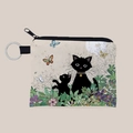 Detail of cute cat and flower print on a beige canvas coin purse with silver keychain - Black Cat with Butterflies and Flowers Illustration (lqb3639)