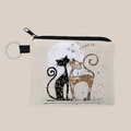 Close-up of canvas coin purse with artistic cat print and metal keychain ring detail - Artistic Dual Cats Illustration (lqb3640)