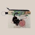 Close-up of canvas coin purse featuring black cat playing with pink yarn and silver keyring - Black Cat with Yarn Ball Illustration (lqb3641)