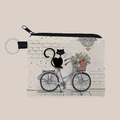 Detail of canvas coin purse with cute cat and bicycle print featuring a metal keychain - Black Cat with Bicycle and Flower Basket Illustration (lqb3642)