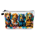 Detail view of smooth black zipper and dachshund art print on white travel makeup bag - Colorful Splash Dachshund Style (hzb1466)