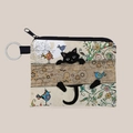 Detailed shot of canvas coin purse with cute black cat pattern and silver keychain ring - Black Cat with Flower and Bird Illustration (lqb3561)