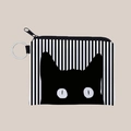 Striped canvas cat coin purse with zipper and silver keychain ring for women - Black And White Striped Cat Style (lqb3428)