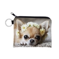 Close-up of portable coin purse featuring Chihuahua print with flower crown and key ring - Chihuahua Style (lqb3085)
