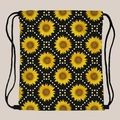 Portable drawstring backpack with sunflower print and small white polka dots on black base - Sunflower Print Style (skd29129)