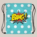 Blue drawstring backpack with white polka dots and a vibrant comic style Bang print - Blue Polka Dot Print (skd27064)