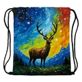 Bunter Kordelzug-Rucksack mit Hirschmotiv, Sternen und verschneiten Bergen - Bunter Hirsch Kunst Druck (skd29135)