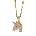 Collana con ciondolo a forma di unicorno dorato con zirconi arcobaleno e pietre colorate - Oro + Catena Cubana da 24 Pollici