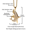 Collar con colgante de tiburón dorado con brillantes cristales austriacos engastados - Tiburón de Acero Inoxidable / Collar de cadena de cuerda