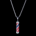 Colgante poste de barbero hip hop con rayas rojo azul blanco y brillantes diamantes - Poste de Barbero Plateado / Collar de cadena de cuerda