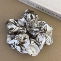 French retro white velvet scrunchie with brown floral print for elegant ponytails - Beige